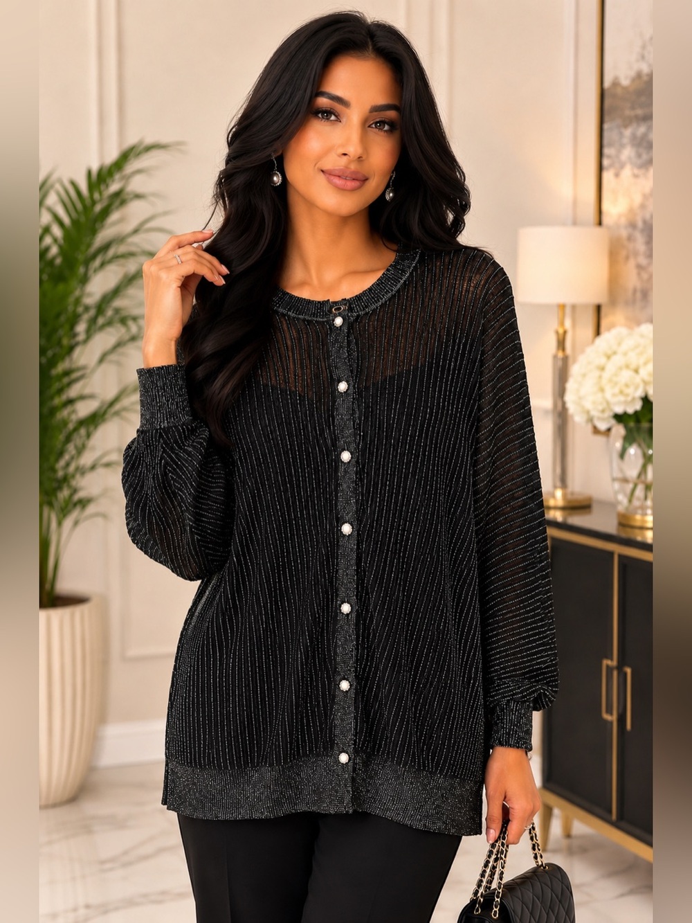 New Aleeza Paris Black & Silver Sheer Knit Cardigan – Size XL